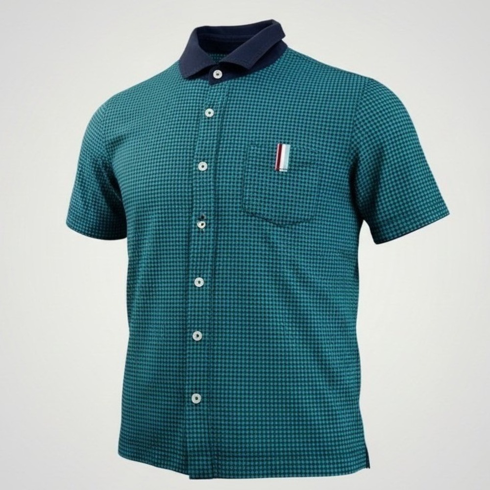 Takeo‎ Kikuchi Polo Shirt Mens 3 Medium Teal Navy Houndstooth Streetwear Indie